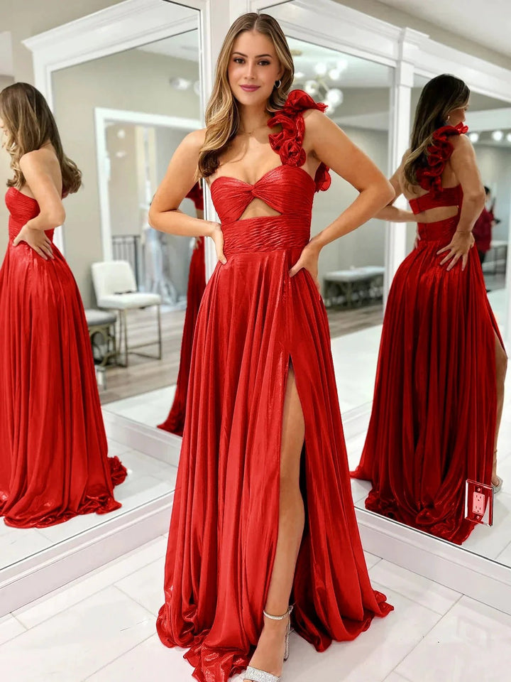 A-Line Fuchsia One Shoulder Keyhole Pleated Metallic Prom Dress with Slit by KissProm