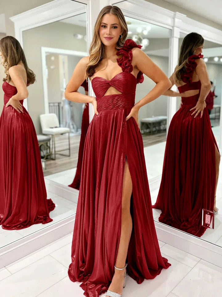 A-Line Fuchsia One Shoulder Keyhole Pleated Metallic Prom Dress with Slit by KissProm