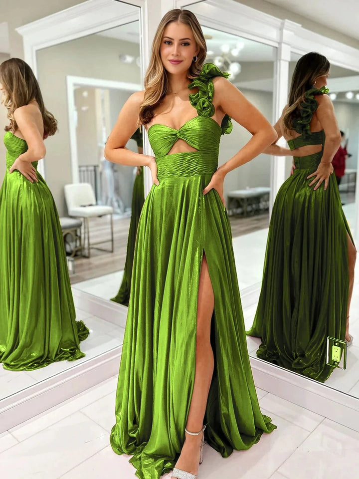 A-Line Fuchsia One Shoulder Keyhole Pleated Metallic Prom Dress with Slit by KissProm