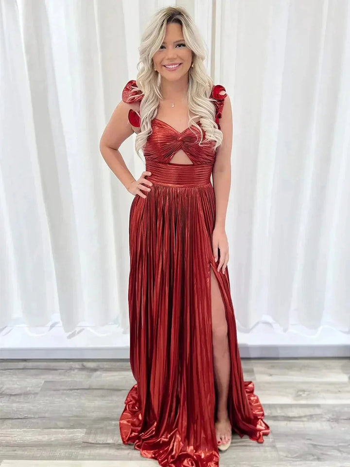 A-Line Fuchsia One Shoulder Keyhole Pleated Metallic Prom Dress with Slit by KissProm