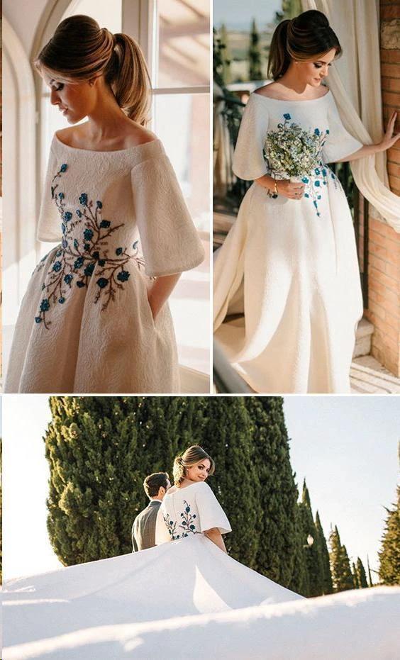 Wedding Dresses Bateau Embroidery Romantic Half Sleeve Bridal Gown WD483 by pgmdress