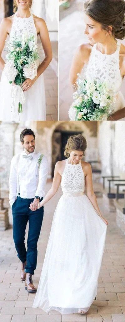 Simple White Halter Lace Long Sheath Beach Wedding Dresses Bridal Dresses MW241 by musebridals