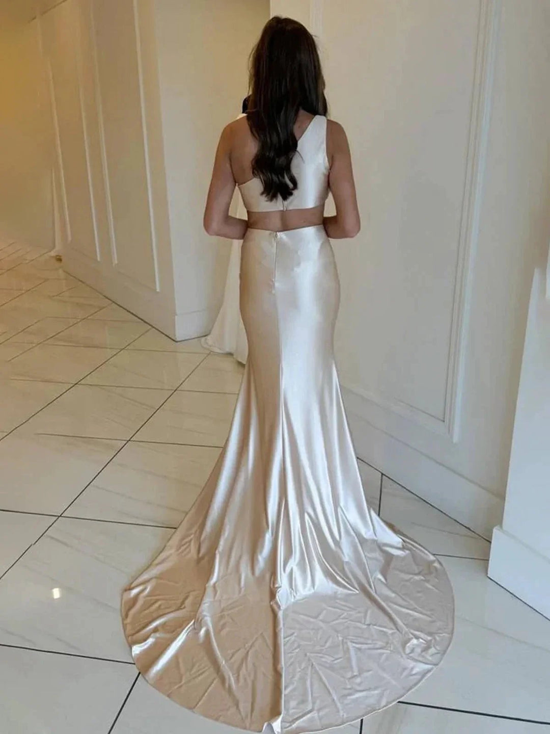 Welsie | Champagne One-Shoulder Mermaid Satin Long Prom Dress by KissProm