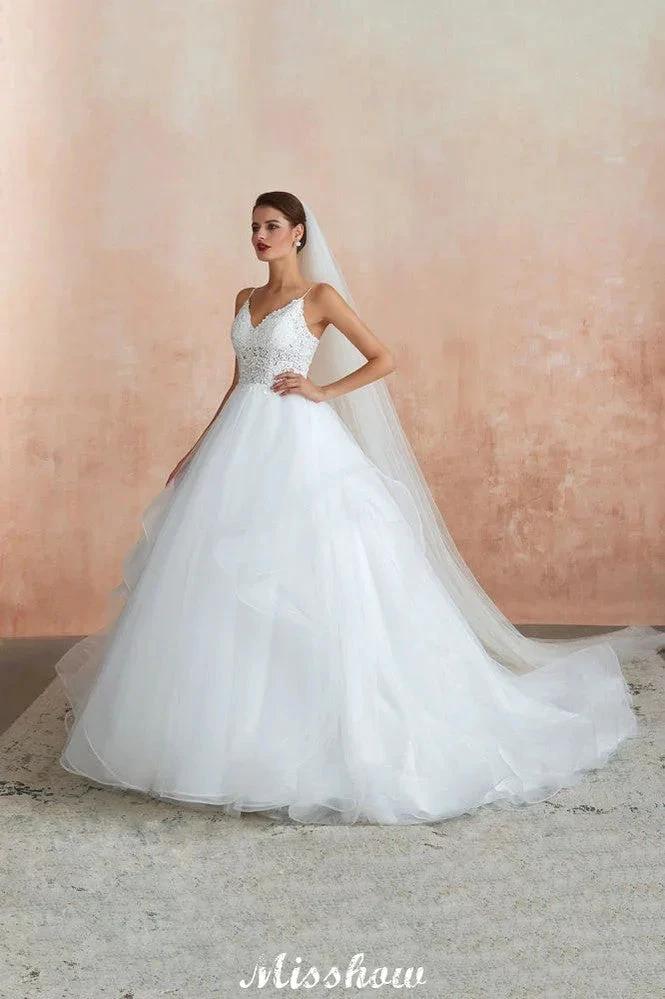 White Ball Gown Wedding Dress with Chapel Train, Spaghetti Strap See-through Lace up Bridal Gowns for Sale by misshow.com