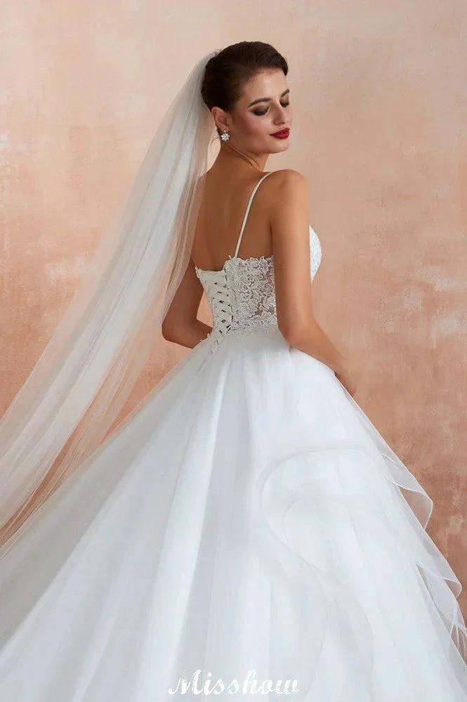 White Ball Gown Wedding Dress with Chapel Train, Spaghetti Strap See-through Lace up Bridal Gowns for Sale by misshow.com