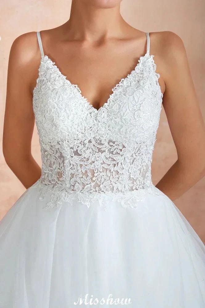 White Ball Gown Wedding Dress with Chapel Train, Spaghetti Strap See-through Lace up Bridal Gowns for Sale by misshow.com