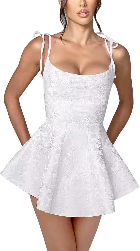 A-line Short Homecoming Dress Spaghetti Straps Satin Sleeveless Party Dress Jacquard Party Dresses by Biztunnel