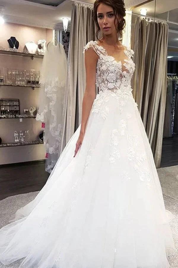 White Long A-line Tulle Lace Appiliques Wedding Dresses by BIZTUNNEL