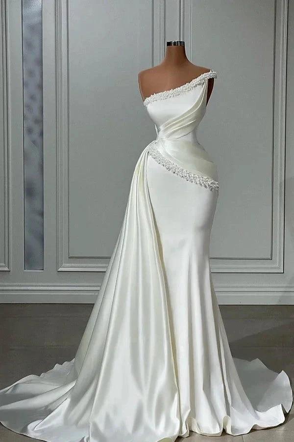 White Long Mermaid One Shoulder Satin Beads Formal Prom Dresses by BIZTUNNEL