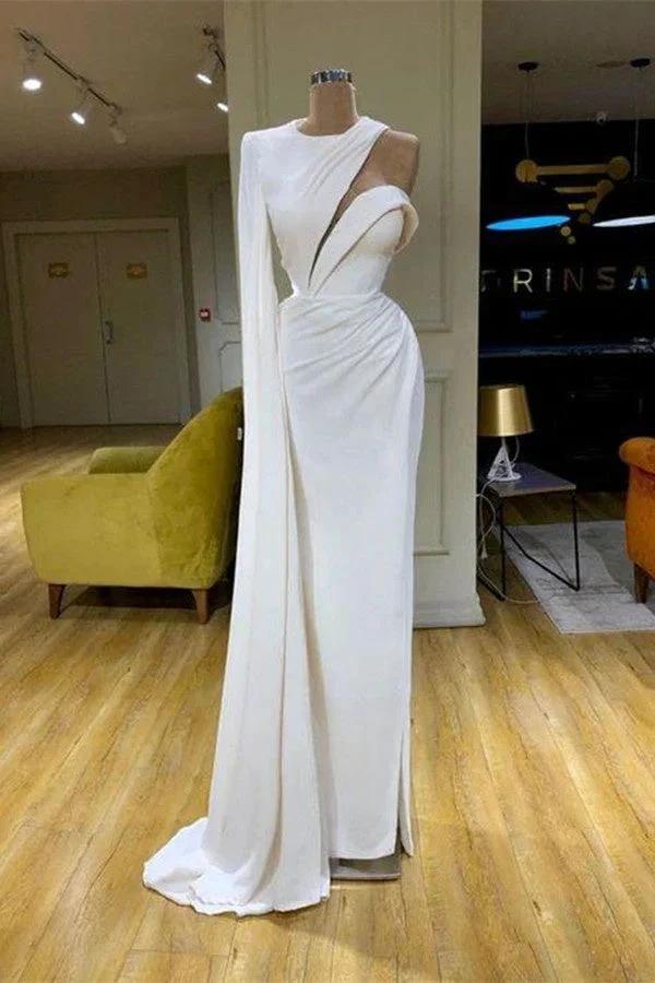 White One Shoulder Satin Mermaid Prom Dress High Neck slim Evening Maxi Dress by misshow.com