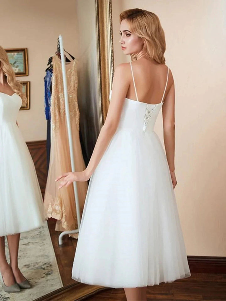 White Short A-line Sweetheart Tulle Tea Length Wedding Dresses by BIZTUNNEL