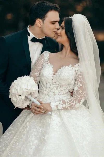 White Sweetheart A-line Long Sleeves Wedding Dress With Lace by misshow.com