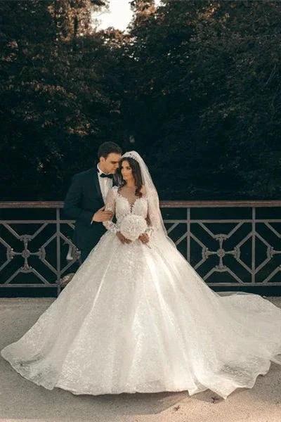 White Sweetheart A-line Long Sleeves Wedding Dress With Lace by misshow.com