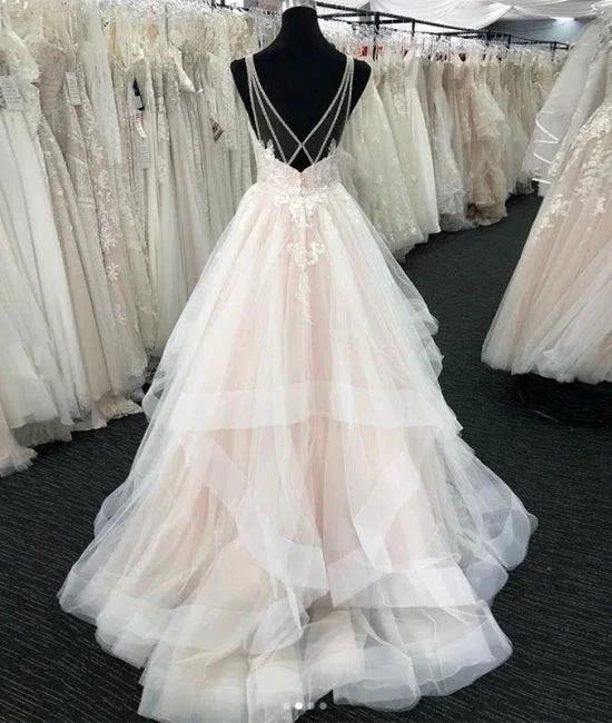 White Tulle V Neck Open Back Long Layered Wedding Dress by misshow.com