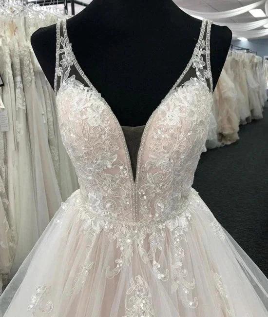White Tulle V Neck Open Back Long Layered Wedding Dress by misshow.com