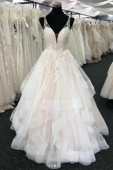 White Tulle V Neck Open Back Long Layered Wedding Dress by misshow.com