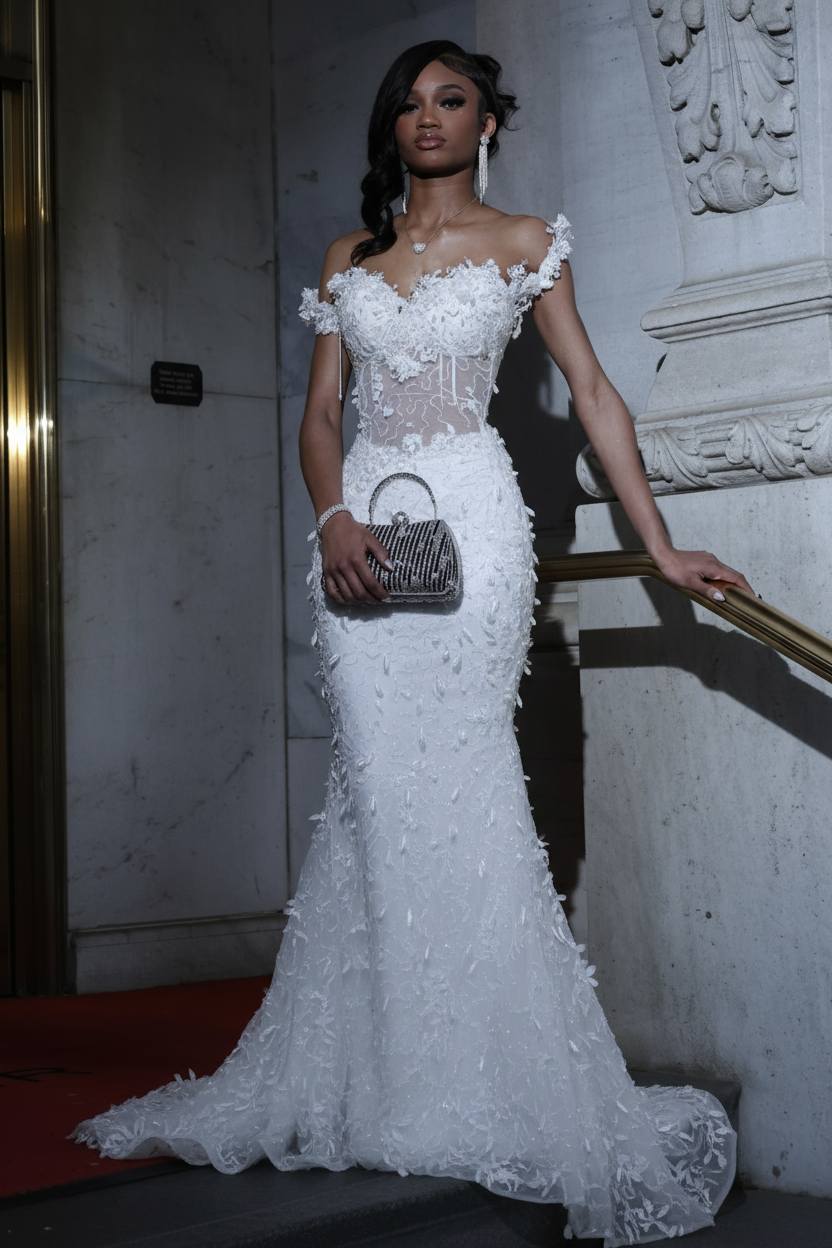 Luxury Black Sequin Mermaid Prom Dress – Illusion Corset Bodice with 3D Beaded Lace &amp; Off-the-Shoulder Detail | 2026 Gothic Glamour Evening Collection