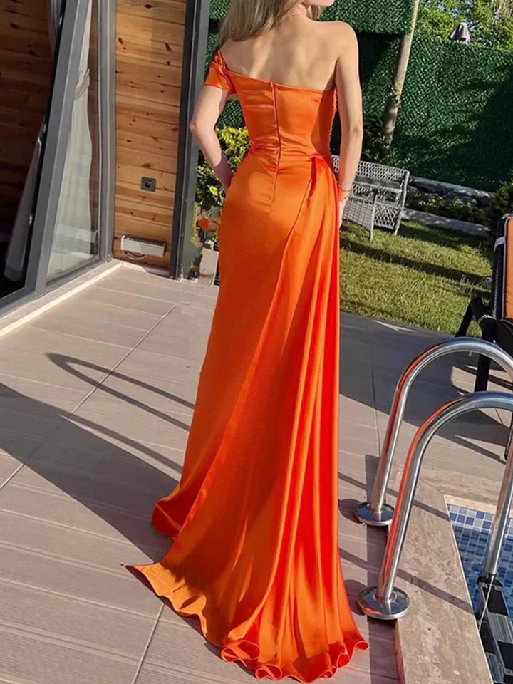 Winston | Orange Mermaid Pleated Satin Empire-Waist Long Prom Dress by KissProm