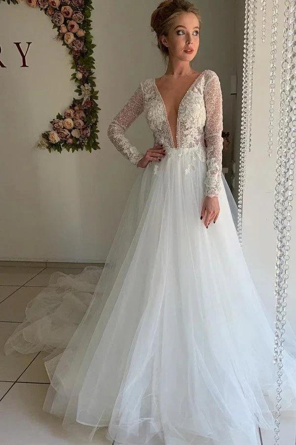 Winter Warm Long Sleeves V-Neck Tulle Princess Wedding Dress by misshow.com