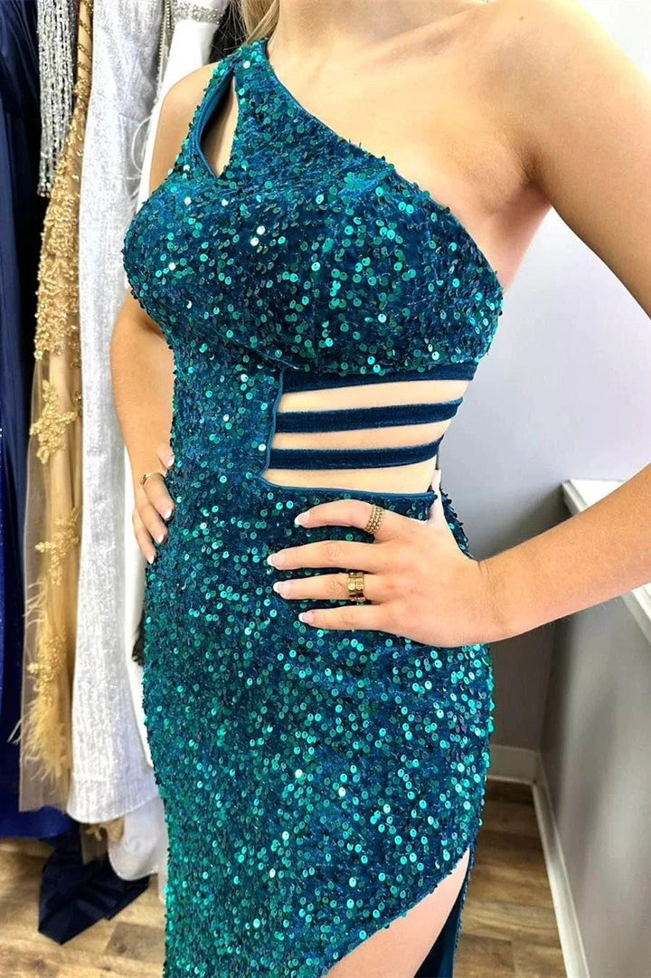 Xaviera | One-Shoulder Turquoise Sequin Keyhole Long Prom Dress with Slit by KissProm