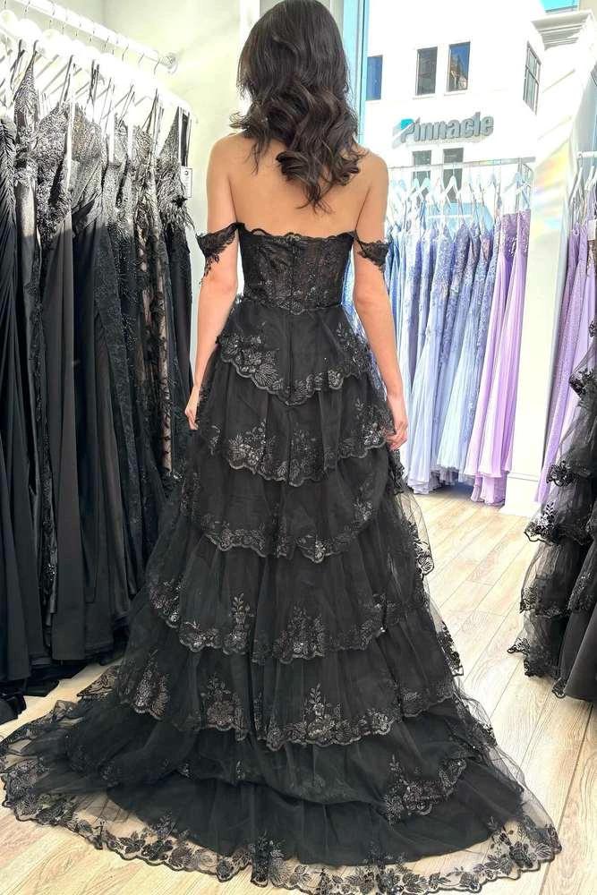 Yaiiua | Black Off the Shoulder Lace Appliques Tiered Prom Dress with Slit by KissProm