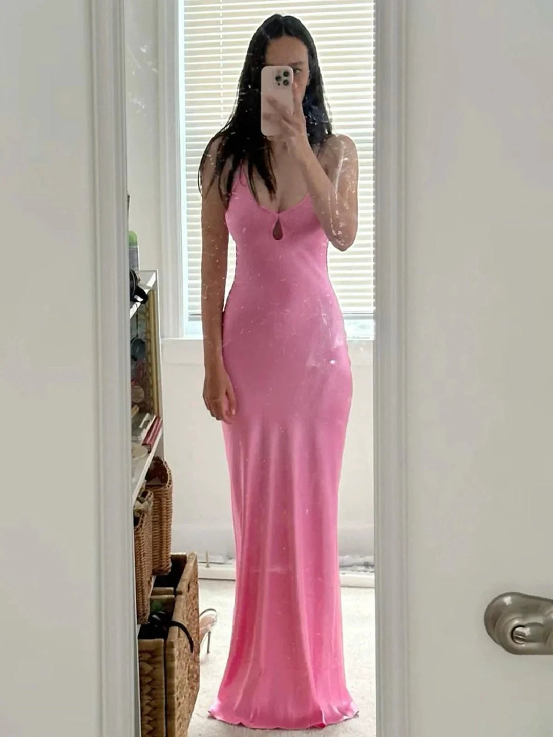 Yamileth | Scoop Neck Pink Sheath Satin Long Prom Dress by KissProm
