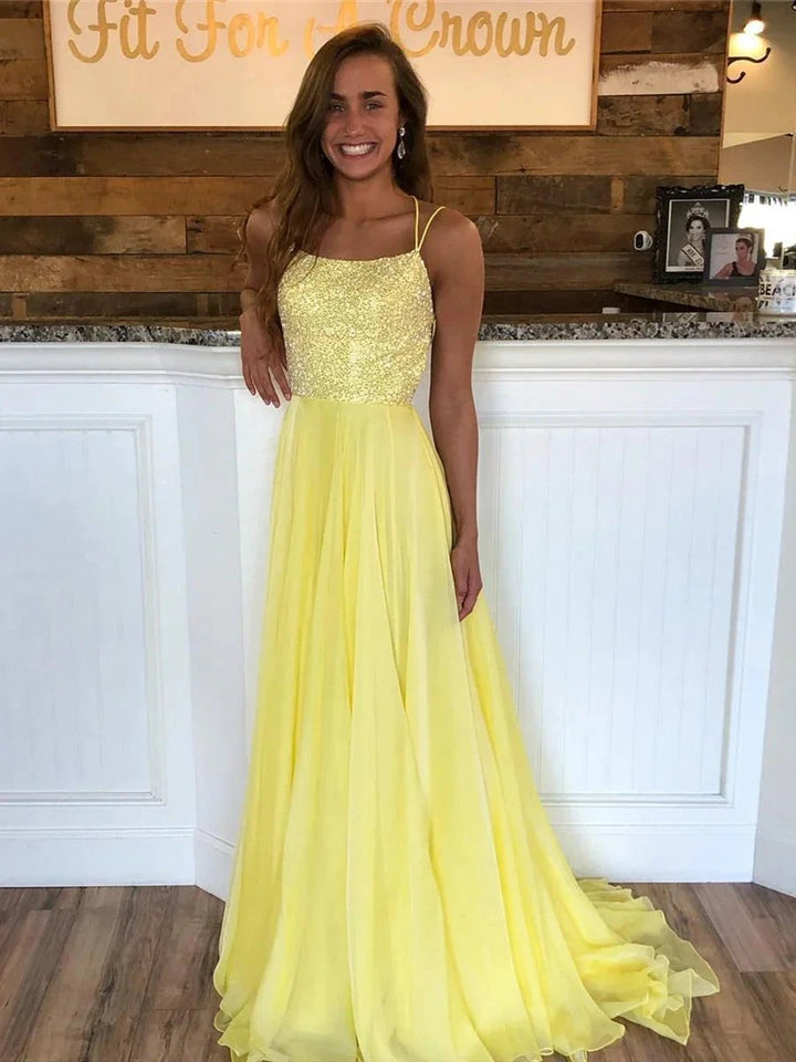 Yellow A Line Backless Sequins Chiffon Long Formal Prom Dresses by BIZTUNNEL