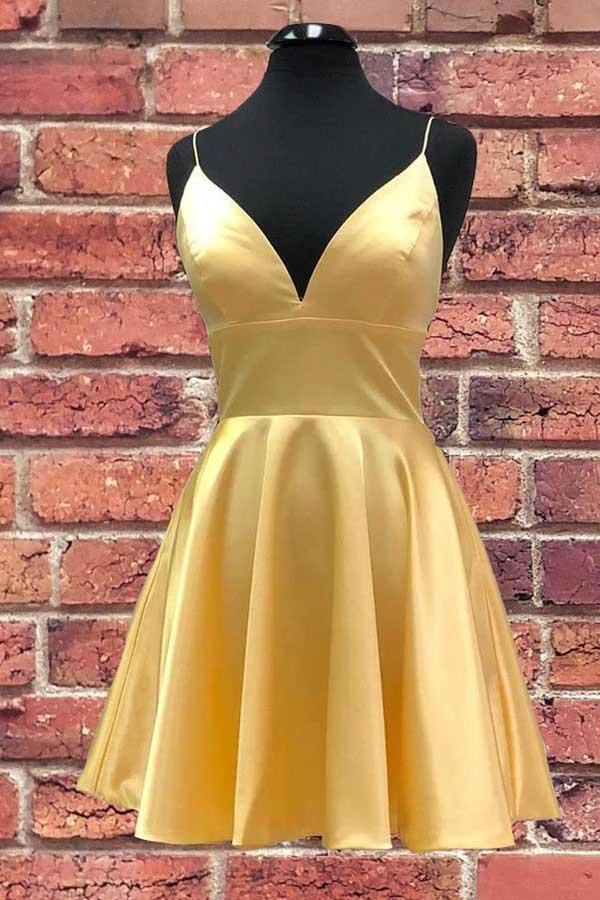 Yellow V Neck Satin Straps Homecoming Dresses Short Prom Dress PD279 by pgmdress