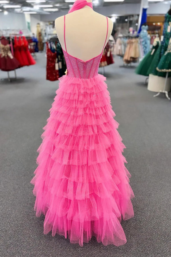 Yetta | Tulle A-Line Spaghetti Strap Beaded Long Tiered Prom Dress by KissProm