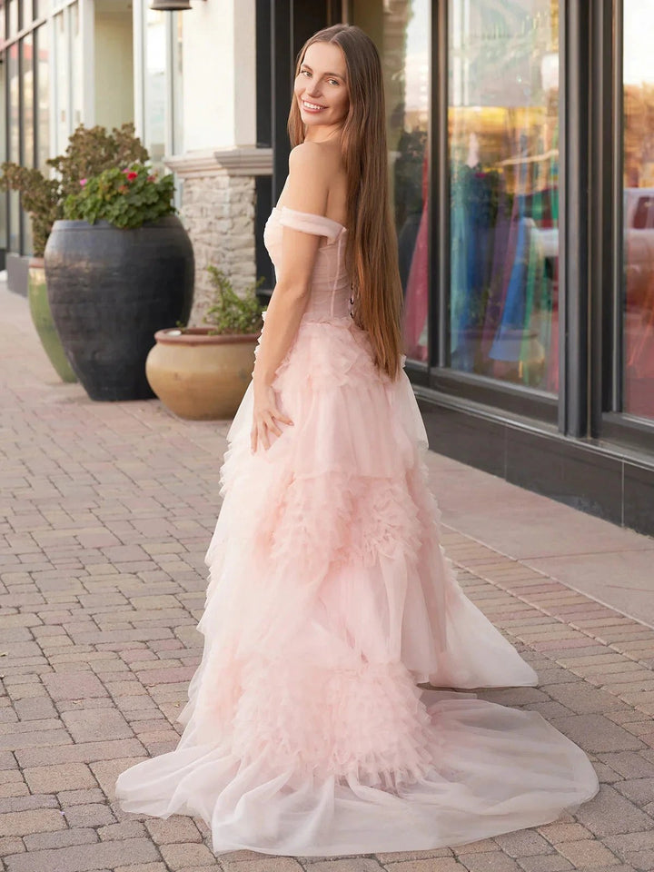Zariah | Blush Princess A line Off Shoulder Ruffled Tulle Prom Dress by KissProm