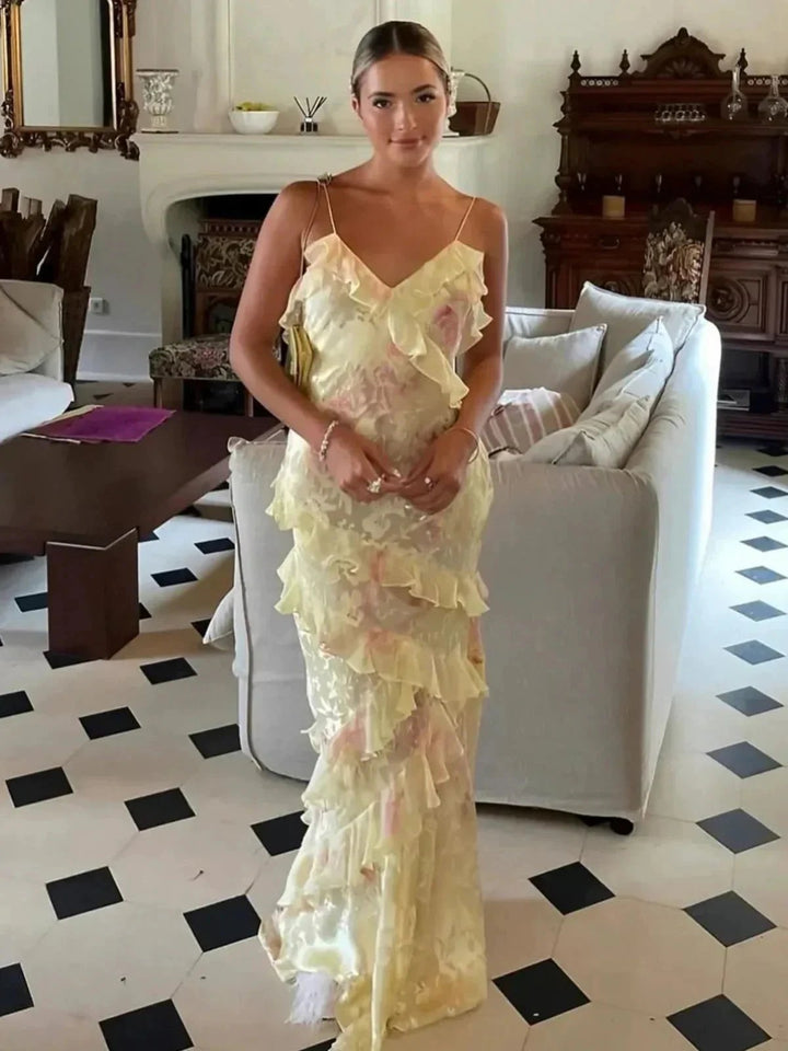 Zaylee | Yellow Spaghetti Straps Mermaid Long Prom Dress with Ruffles by KissProm